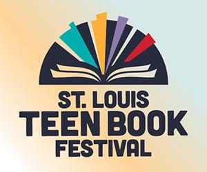 St. Louis Teen Book Festival - open book with various colors coming out over black bold text on a pale pastel gradient background