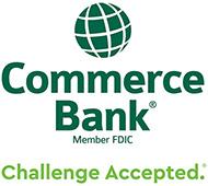 Commerce Bank logo Member FDIC in green text and Challenge Accepted. in light green text below that