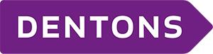 Dentons logo - white text on a purple arrow pointing to the right